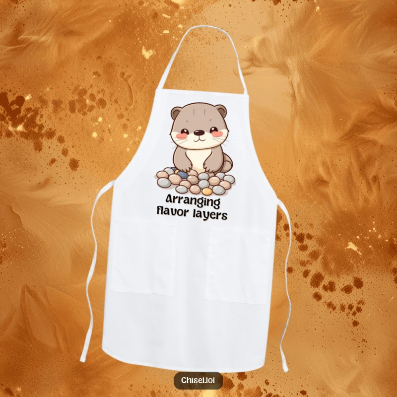 Funny Kawaii otter apron featuring a curious character arranging shiny pebbles into a pattern, ideal for kitchen art.