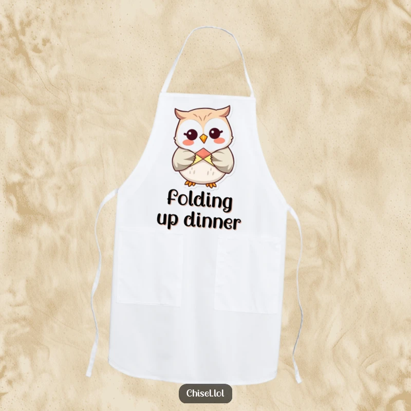 Funny Kawaii Owl Apron: A giggling owl carefully folding origami, adding crafty humor to kitchen wear.