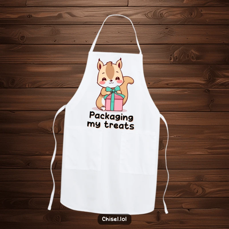 Funny Kawaii Squirrel Apron: A playful squirrel tying a ribbon around a gift, bringing festive humor to kitchen wear.