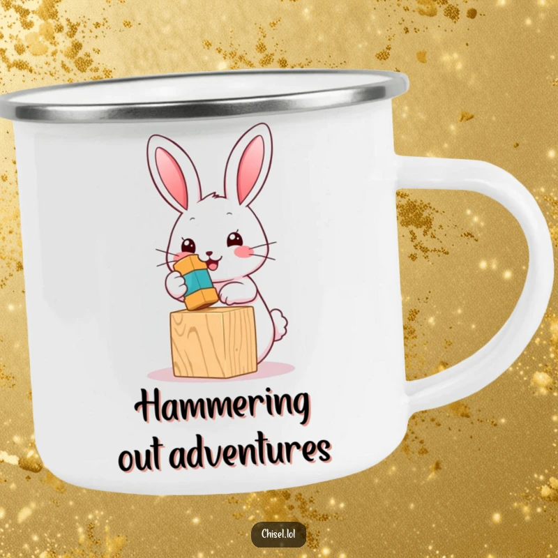 Funny Kawaii bunny camping mug showing a cute character hammering a toy block, great for outdoor adventures.