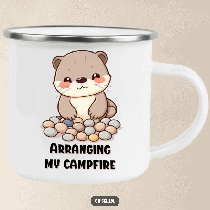 Funny Kawaii otter camping mug showing a curious character arranging shiny pebbles into a pattern, great for adventures.