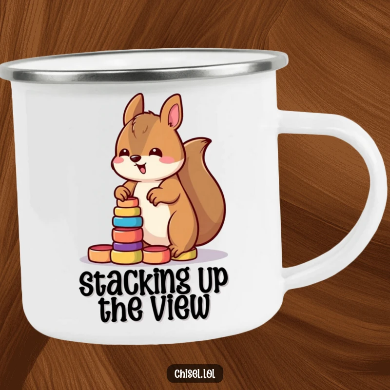 Funny Kawaii squirrel camping mug showing a determined character stacking small brightly colored wooden rings, great for adventures.