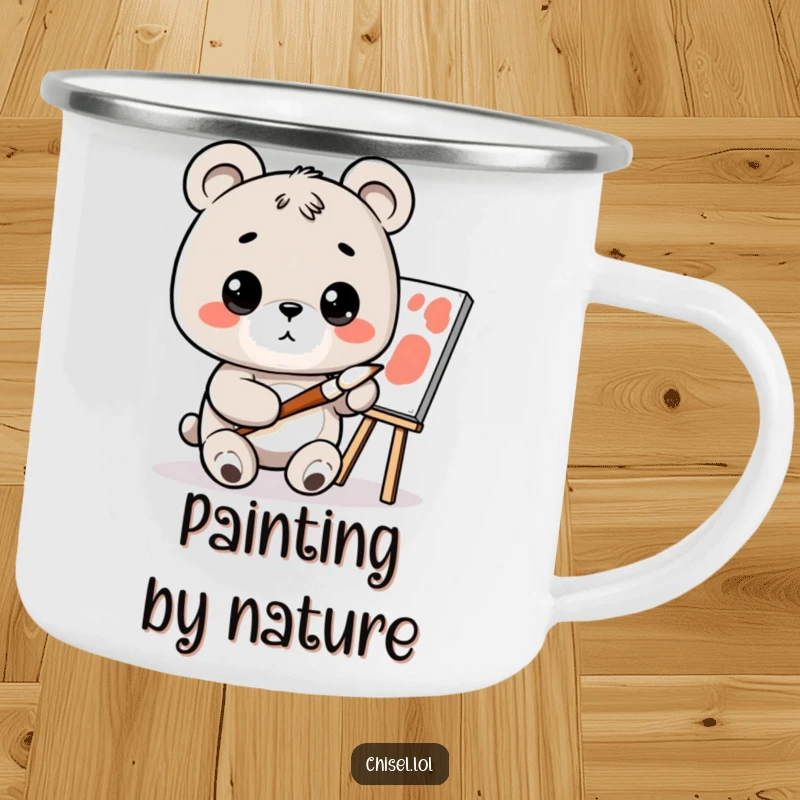 Funny Kawaii Bear Camp Mug: A curious bear holding a paintbrush, looking at a canvas, perfect for outdoor creative inspiration.