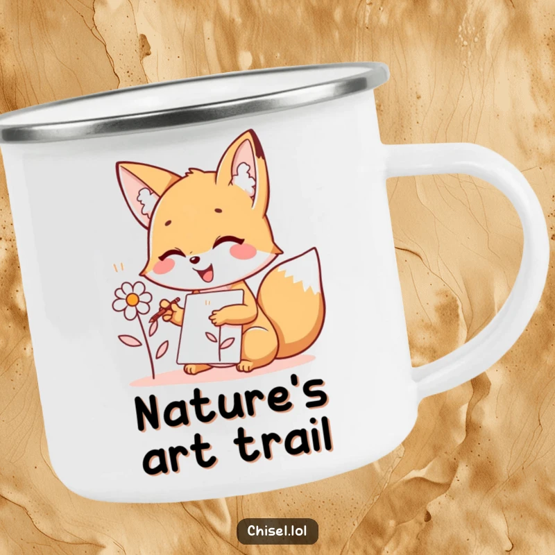 Funny Kawaii Fox Camp Mug: A joyful fox character sketching outdoors, perfect for sipping and creative inspiration on adventures.