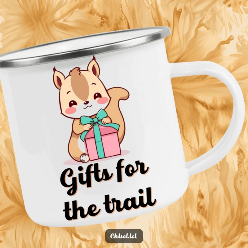 Funny Kawaii Squirrel Camp Mug: A playful squirrel tying a ribbon around a gift, perfect for festive outdoor moments.