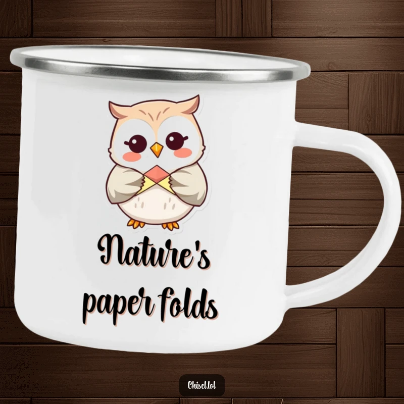Funny Kawaii Owl Camp Mug: A giggling owl carefully folding origami, perfect for creative moments outdoors.