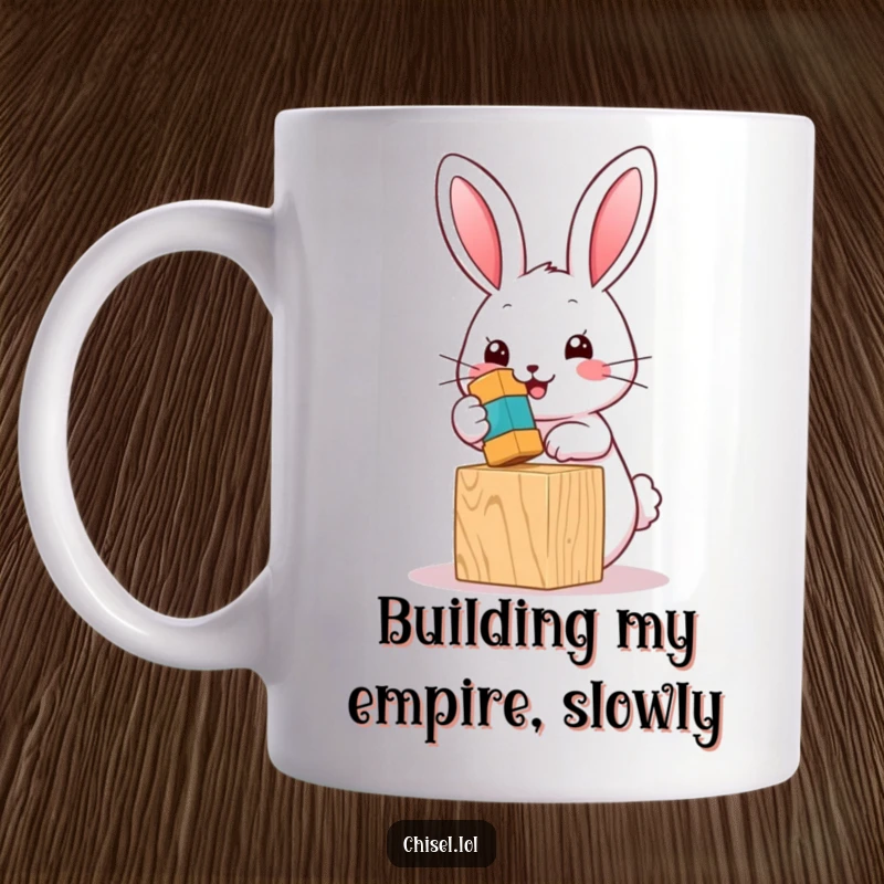 Funny Kawaii bunny mug featuring a cute character happily hammering a tiny colorful hammer onto a wooden toy block, perfect for gift.