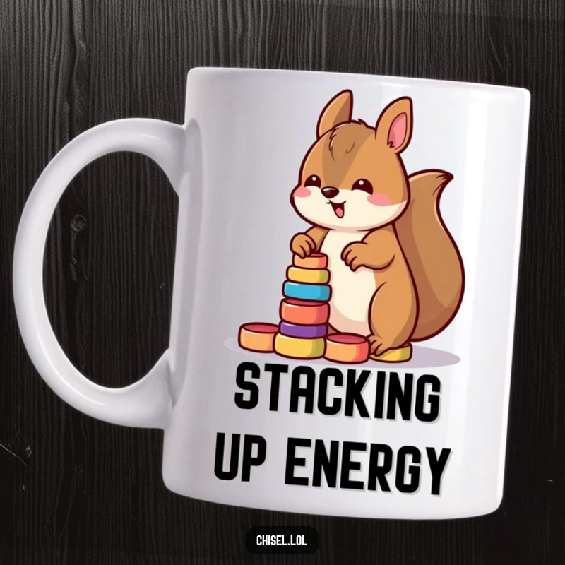 Funny Kawaii squirrel mug featuring a determined character enthusiastically stacking small brightly colored wooden rings, perfect gift.