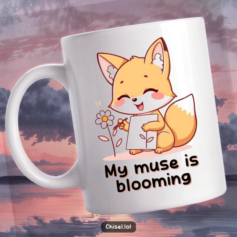 Funny Kawaii Fox Mug: A joyful fox character enthusiastically sketching a simple flower, spreading artistic cheer and laughter.