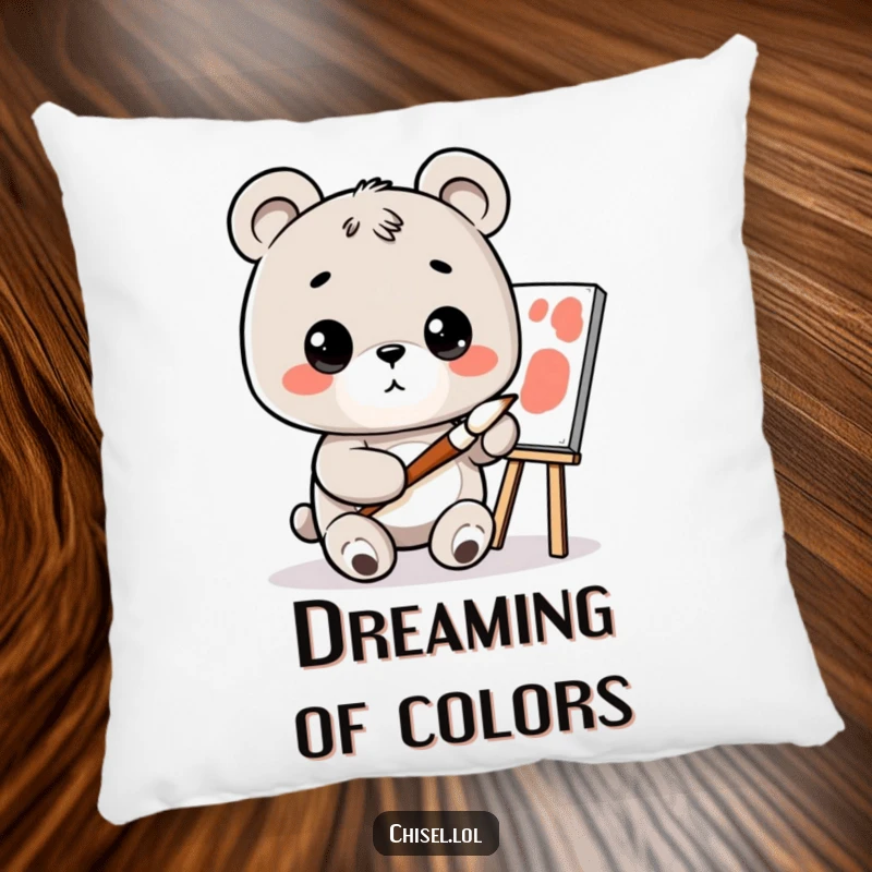 Funny Kawaii Bear Pillow: A curious bear character holding a tiny paintbrush, looking at a canvas, offering comfort and art.