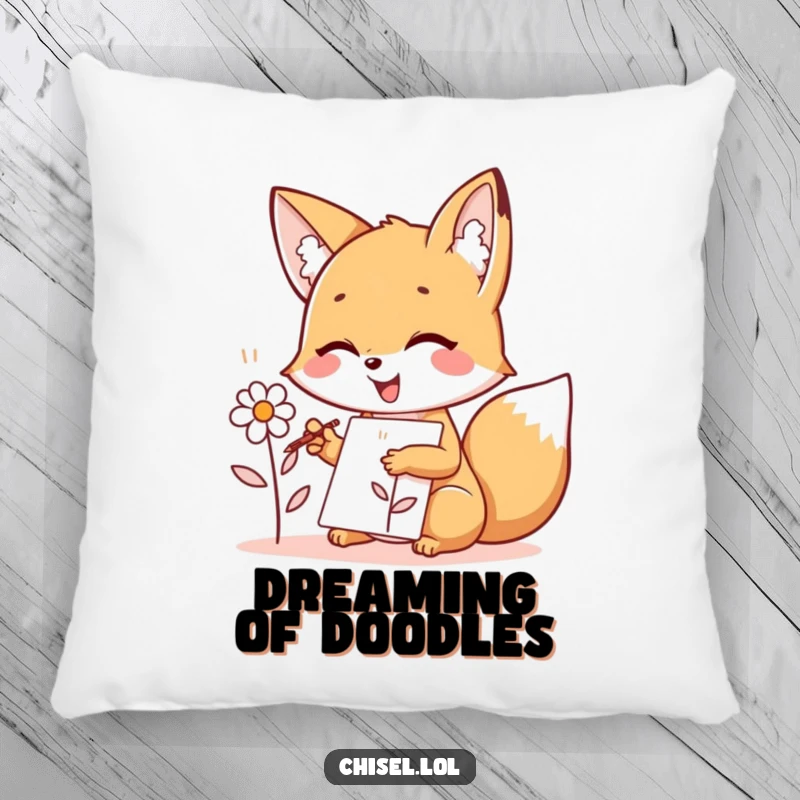 Funny Kawaii Fox Pillow: A joyful fox character sketching a simple flower, providing soft comfort and a touch of artistic humor.