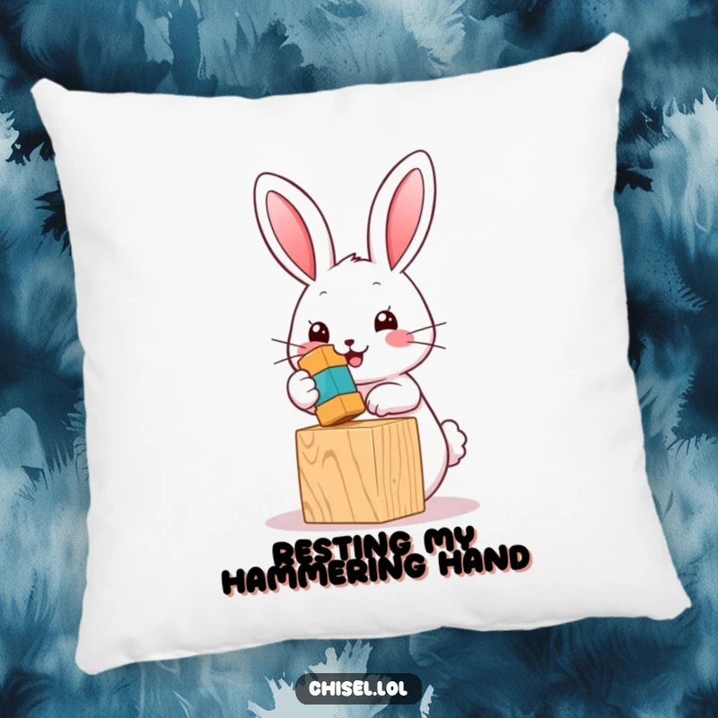 Funny Kawaii bunny pillow showing a cute character hammering a toy block with a small hammer, soft and decorative.