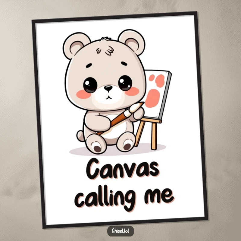 Funny Kawaii Bear Digital Art: A curious bear character holding a tiny paintbrush, looking at a canvas, for instant artistic charm.