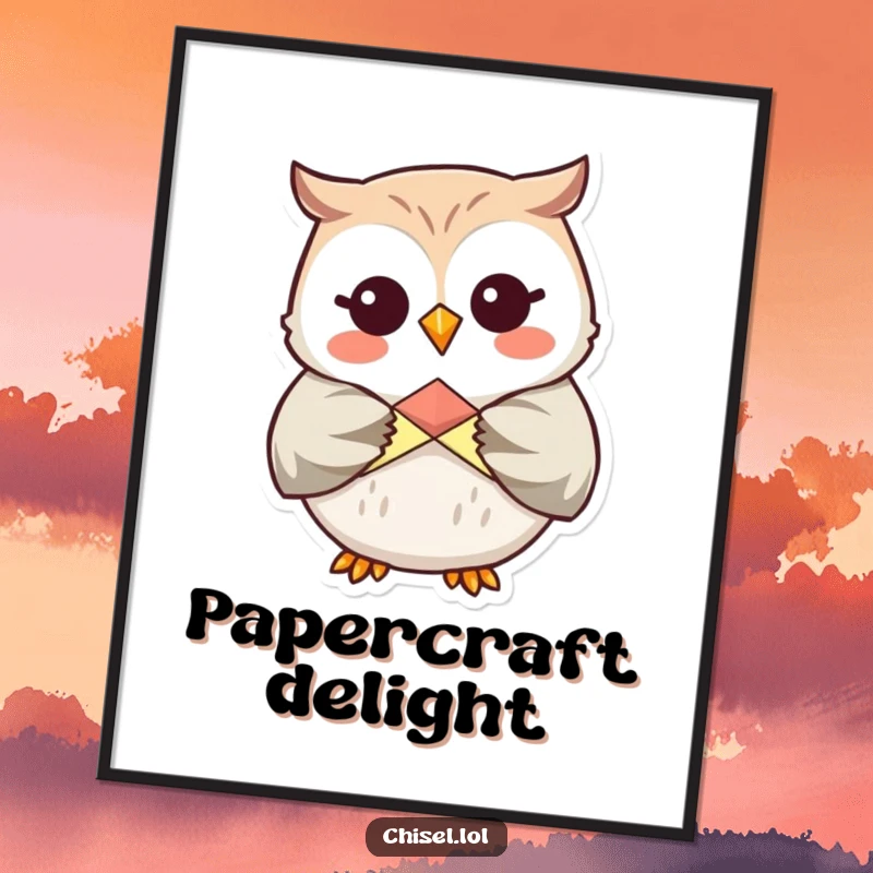 Funny Kawaii Owl Digital Art: A giggling owl character carefully folding a colorful origami shape, ready for instant crafty decor.