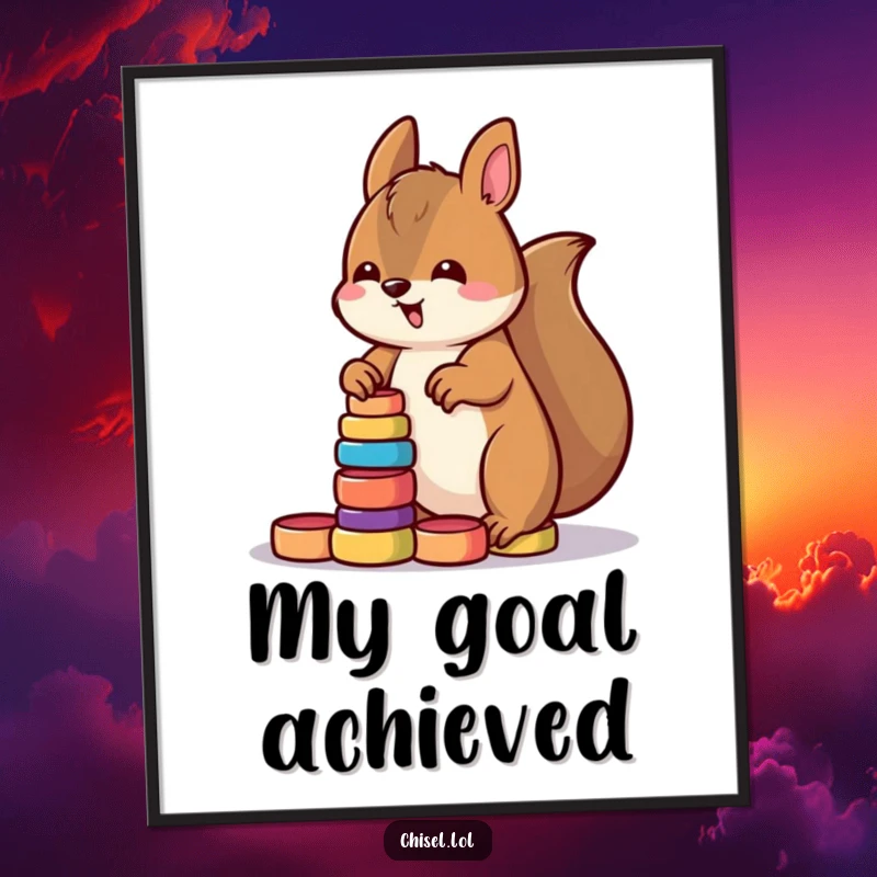 Printable funny Kawaii squirrel digital art showing a determined character stacking small brightly colored wooden rings, instant decor.