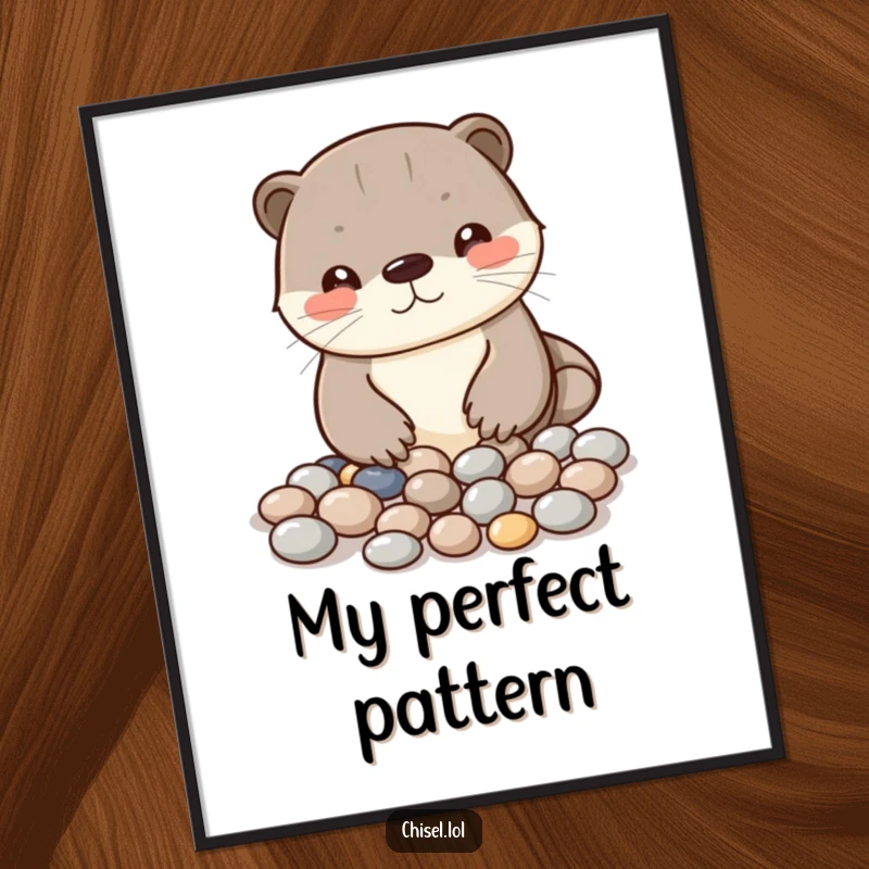 Printable funny Kawaii otter digital art showing a curious character arranging shiny pebbles into a pattern, instant decor.