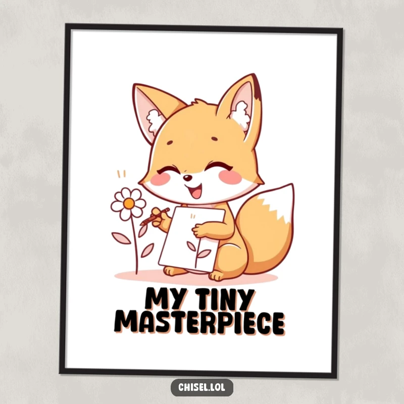 Funny Kawaii Fox Digital Art: A joyful fox character enthusiastically sketching a simple flower, ready for instant download and display.
