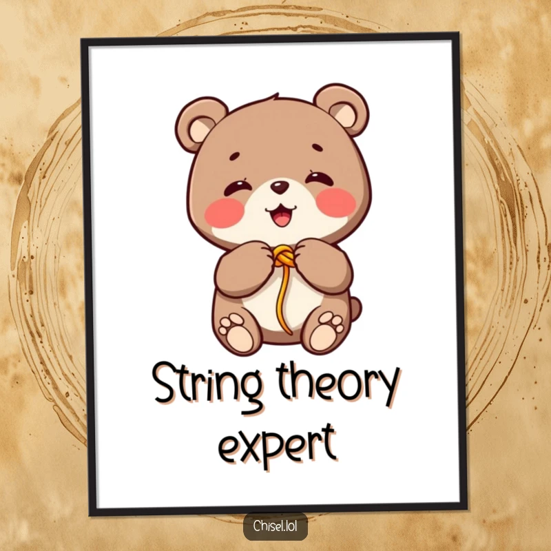 Printable funny Kawaii bear digital art showing a giggling character tying a colorful string knot, instant cheerful decor.