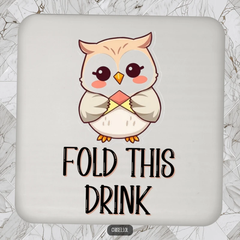 Funny Kawaii Owl Coaster: A giggling owl carefully folding origami, adding crafty humor and surface protection.
