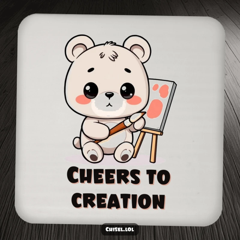 Funny Kawaii Bear Coaster: A curious bear holding a paintbrush, looking at a canvas, adding artistic humor and protection.