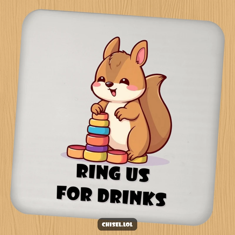 Funny Kawaii squirrel drink coaster featuring a determined character stacking small brightly colored wooden rings, protects surfaces.