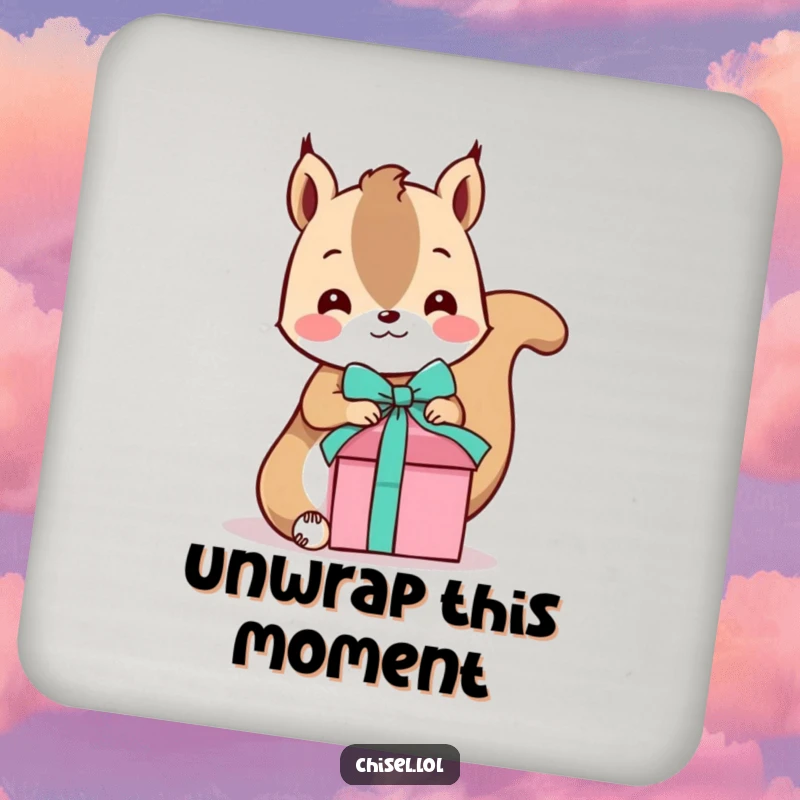 Funny Kawaii Squirrel Coaster: A playful squirrel tying a ribbon on a gift box, adding festive humor and protection.