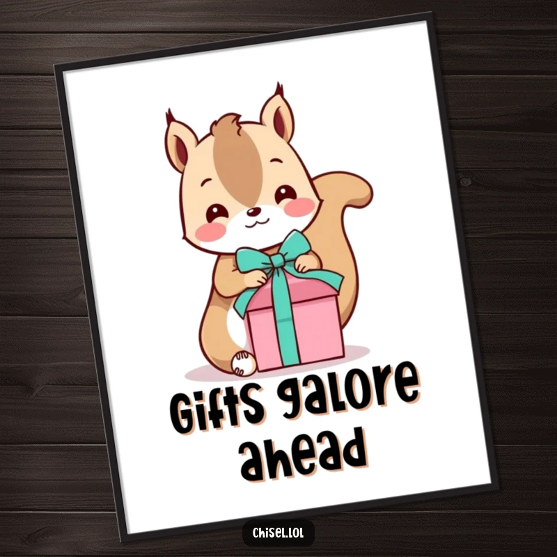 Funny Kawaii Squirrel Poster: A playful squirrel character tying a ribbon around a small gift box, bringing festive humor.