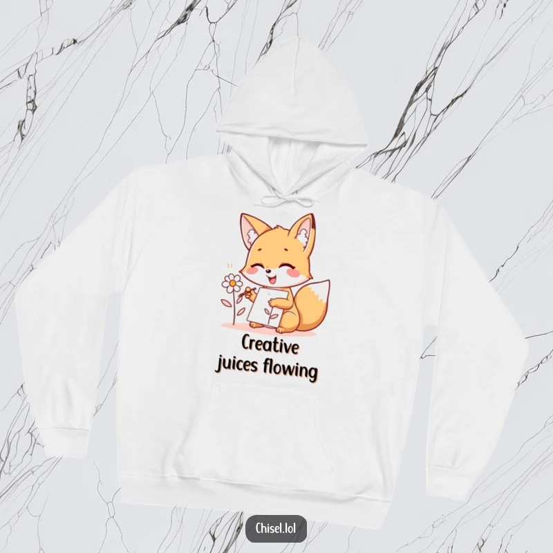 Funny Kawaii Fox Hoodie: A joyful fox character sketching a flower with enthusiasm, offering cozy warmth and artistic humor.