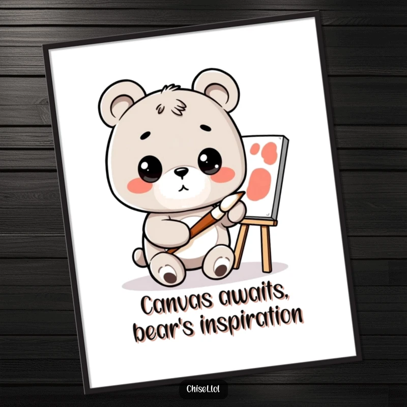 Funny Free Printable Wall Art: Curious Kawaii bear with paintbrush and canvas, embodying artistic inspiration for decor.