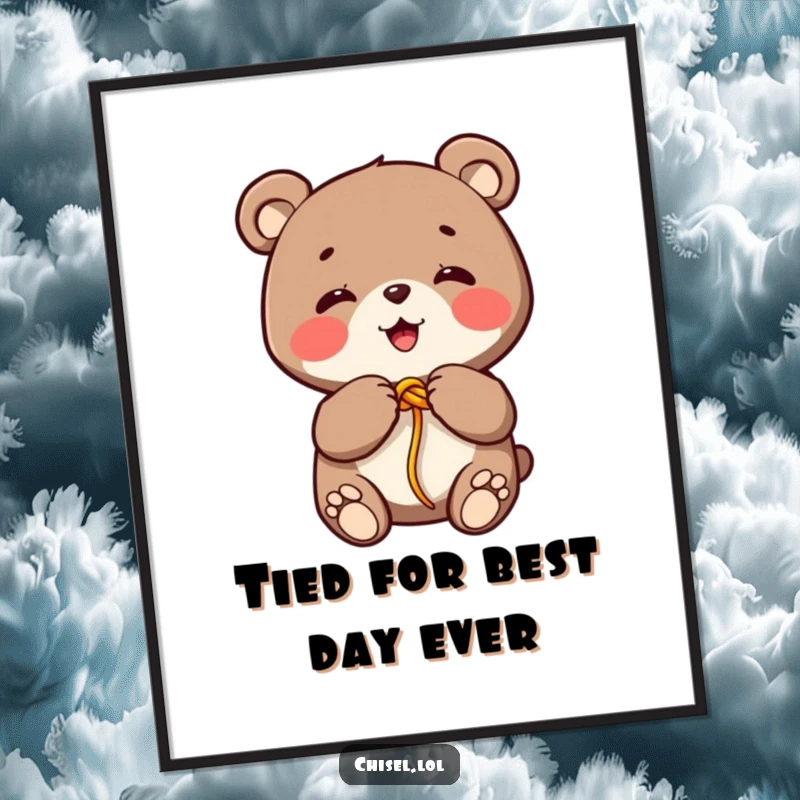 Funny Free Printable Kawaii Bear Wall Art, joyfully tying a knot, a whimsical DIY addition to your room.
