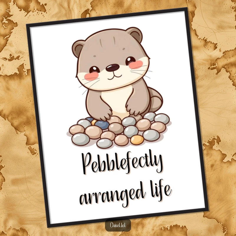 Funny Free Printable Kawaii Otter Wall Art, arranging shiny pebbles into a pattern, a peaceful DIY decor piece.