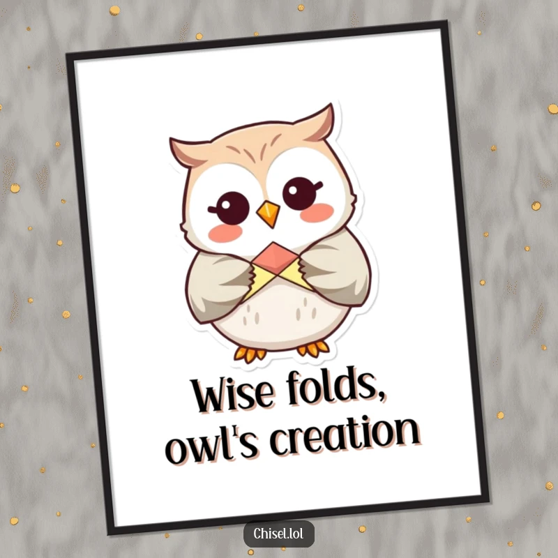 Funny Free Printable Wall Art: Giggling Kawaii owl carefully folding colorful origami, adding crafty joy to decor.