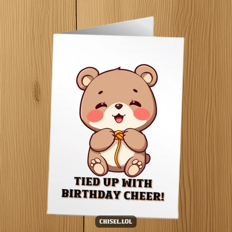 Funny Free Printable Kawaii Bear Birthday Card, happily tying a knot, spreading DIY cheer for birthdays.