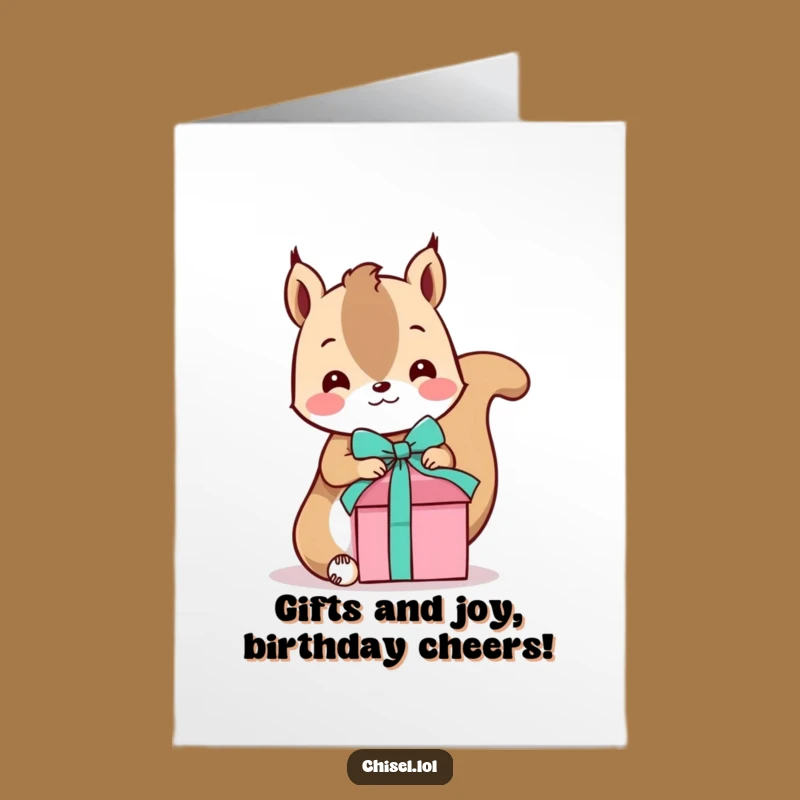 Free Printable Kawaii Squirrel Birthday Card: Funny Gift-Tying Squirrel Downloadable for a Cheerful DIY