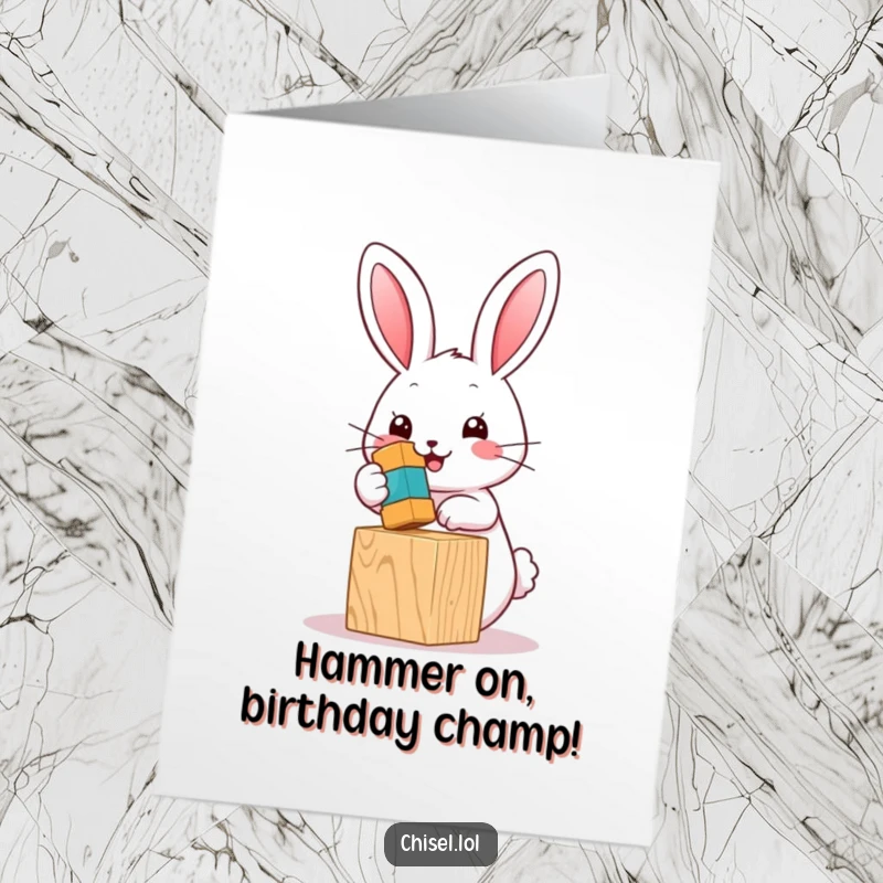 Funny Free Printable Kawaii Bunny Birthday Card, hammering a small hammer with glee, perfect for DIY greetings.