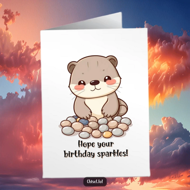 Funny Free Printable Kawaii Otter Birthday Card, arranging pebbles with curiosity, a delightful DIY birthday message.