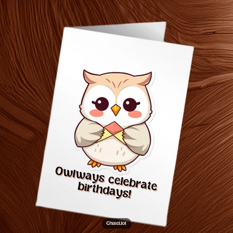 Funny Free Printable Birthday Card: Giggling Kawaii owl carefully folding colorful origami, spreading birthday cheer with DIY fun.