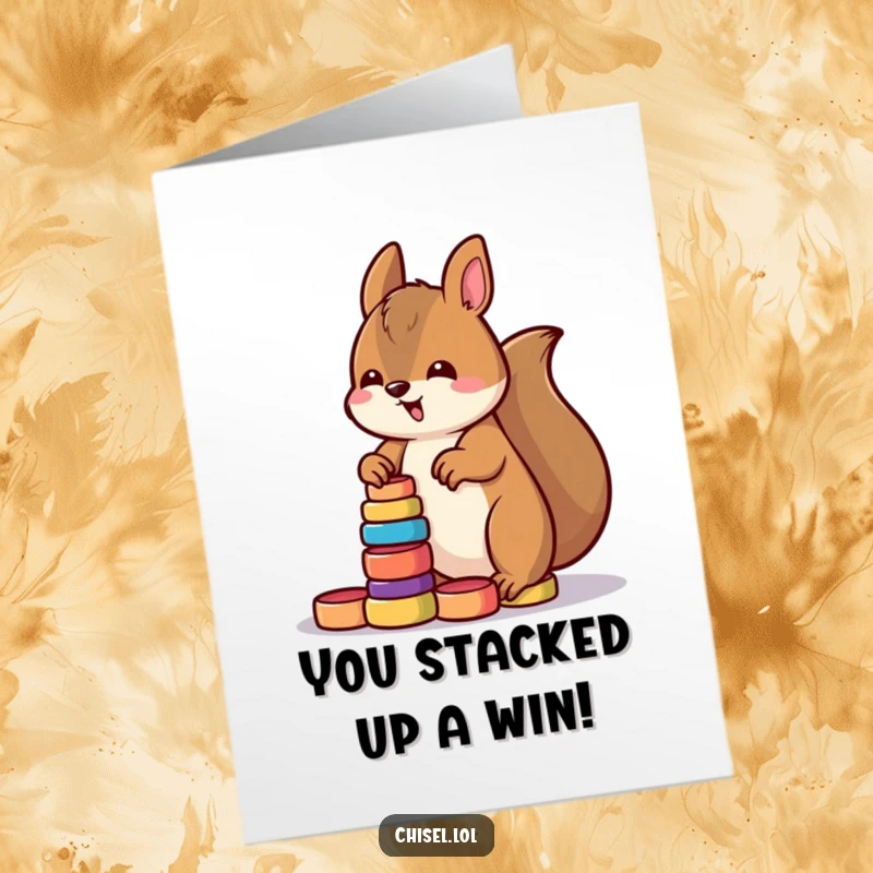 Funny Free Printable Kawaii Squirrel Congratulations Card, determinedly stacking rings, a DIY symbol of accomplishment.