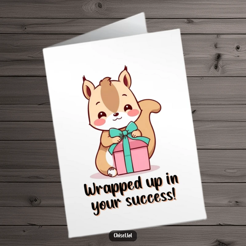 Funny Free Printable Congratulations Card: Playful Kawaii squirrel tying a ribbon on a gift box, celebrating achievements with DIY charm.