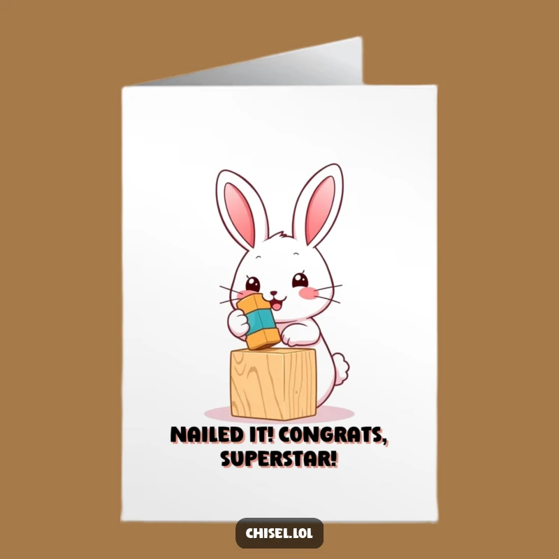 Free Printable Kawaii Bunny Congrats Card: Hammering Success DIY Downloadable