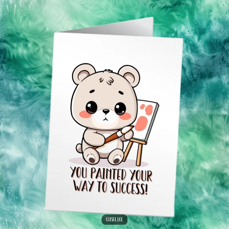 Funny Free Printable Congratulations Card: Curious Kawaii bear with paintbrush and canvas, celebrating artistic success with DIY charm.