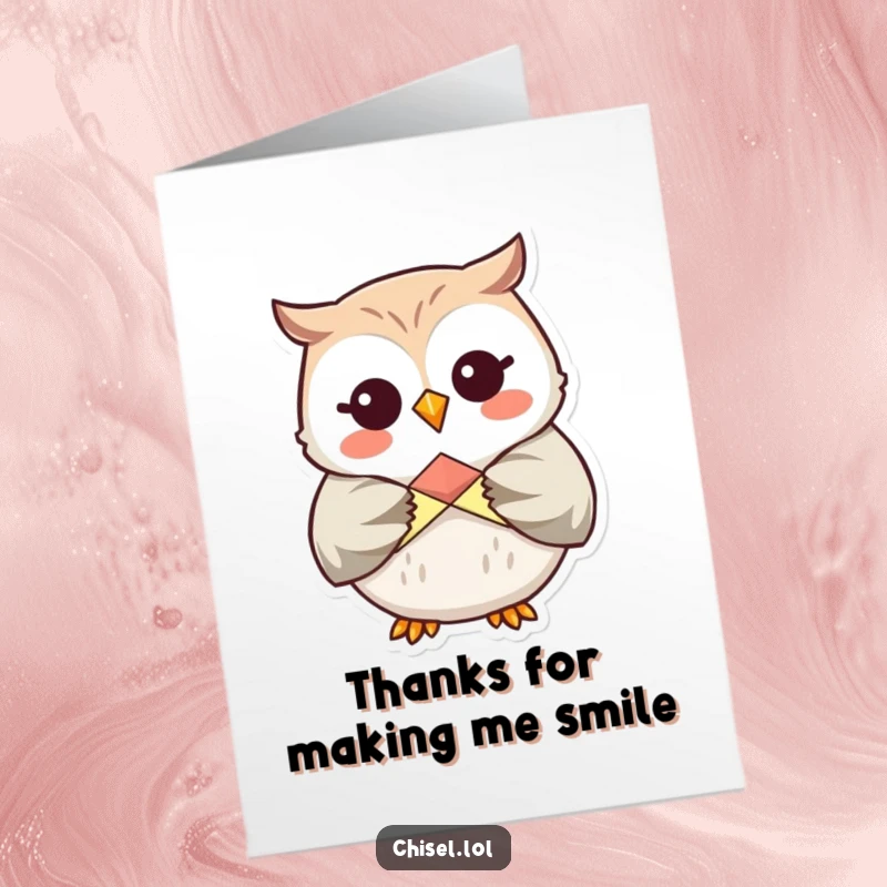 Funny Free Printable Thank You Card: Giggling Kawaii owl folding origami, offering thanks with crafty DIY flair.