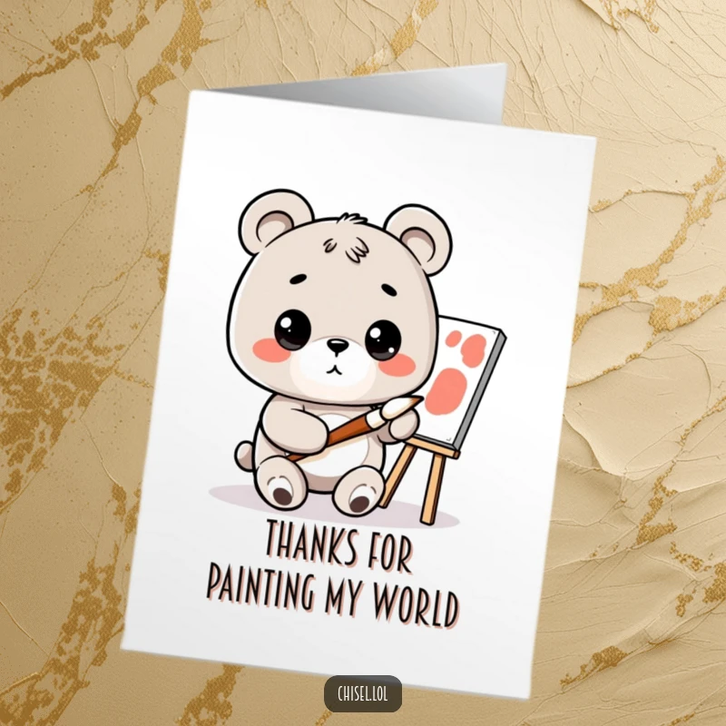 Funny Free Printable Thank You Card: Curious Kawaii bear holding a paintbrush, looking at a canvas, offering artistic thanks.