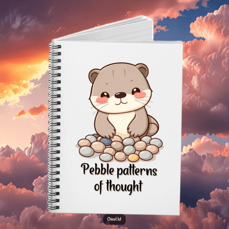 Funny Kawaii otter notebook showcasing a curious character arranging shiny pebbles into a pattern, perfect for notes.