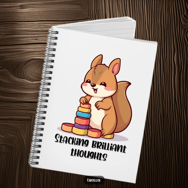 Funny Kawaii squirrel notebook showcasing a determined character stacking small brightly colored wooden rings, perfect for notes.