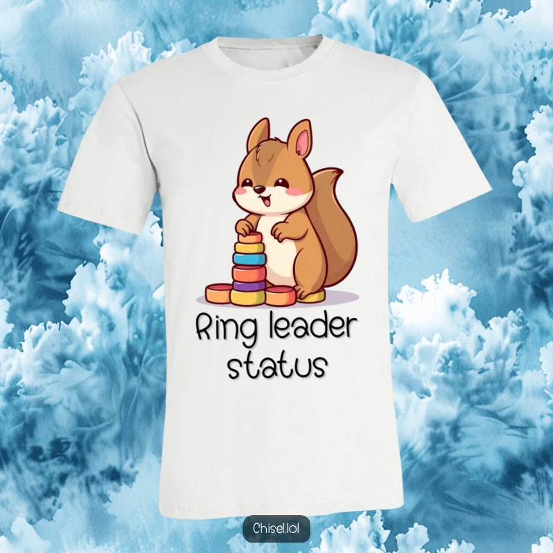 Funny Kawaii squirrel t-shirt showing a determined character enthusiastically stacking small brightly colored wooden rings, great gift item.