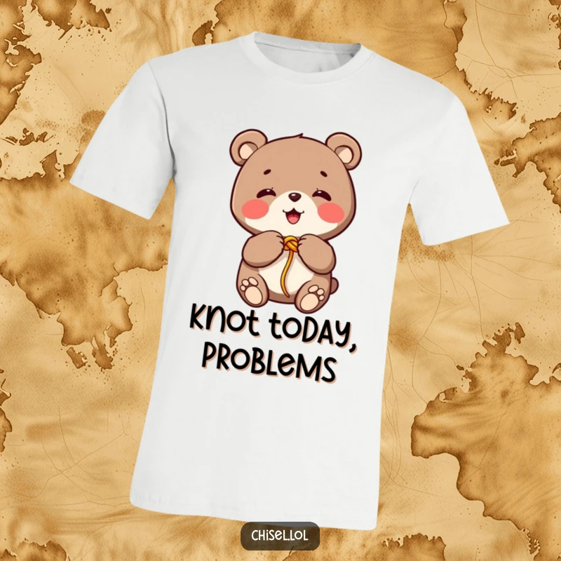 Funny Kawaii bear t-shirt showing a giggling character tying a colorful string into a knot with its paws, great gift item.