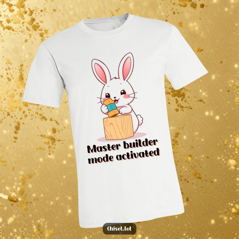 Funny Kawaii bunny t-shirt showing a cute character enthusiastically hammering a small colorful hammer on a wooden block, great gift item.