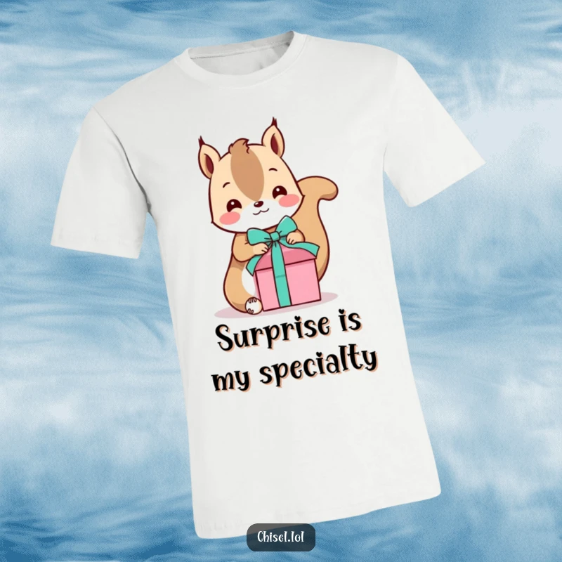 Funny Kawaii Squirrel T-Shirt: A playful squirrel tying a ribbon on a gift box, radiating joy and celebration.