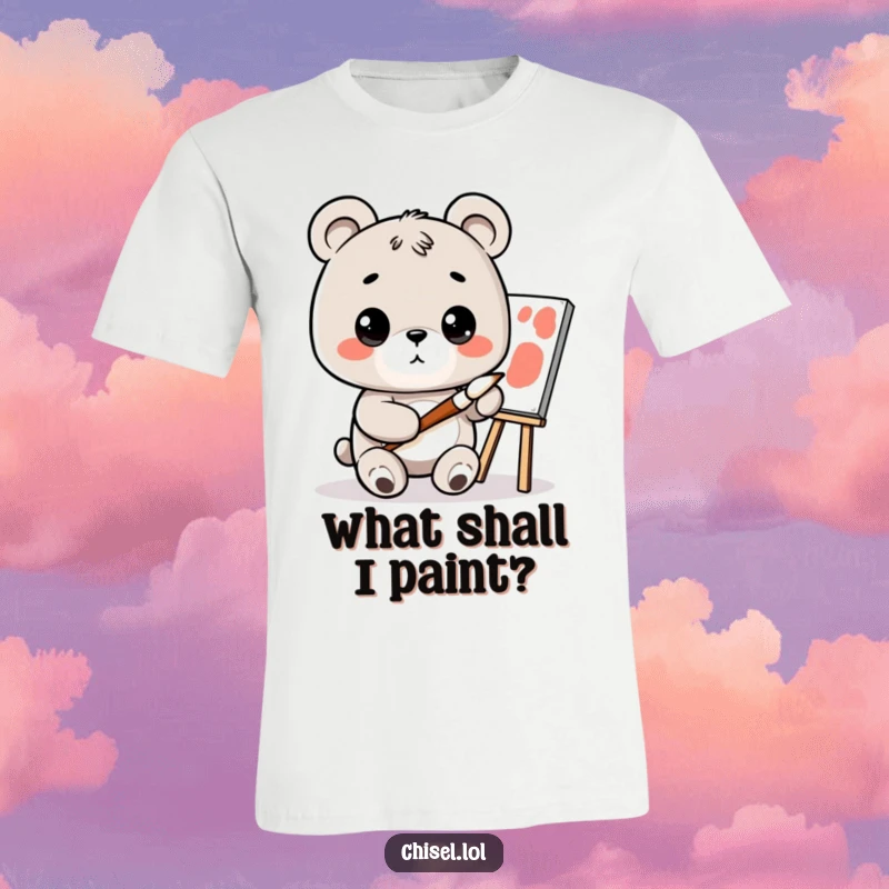 Funny Kawaii Bear T-Shirt: A curious bear holding a small paintbrush, intently looking at a canvas, ready to create.